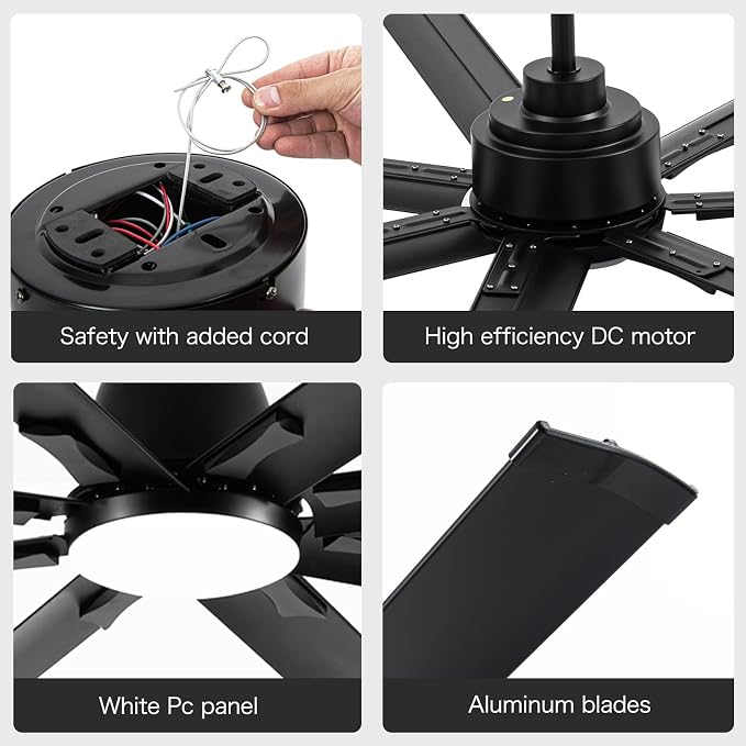 Minislak 96" Industrial & Commercial HVLS 7 Black Aluminum Blades Ceiling Fan with Light and Compatible Alexa,High CFM Brushless Motor,6-Speed,Indoor Outdoor Ceiling Fan for Patio,Garage,Shop,Library