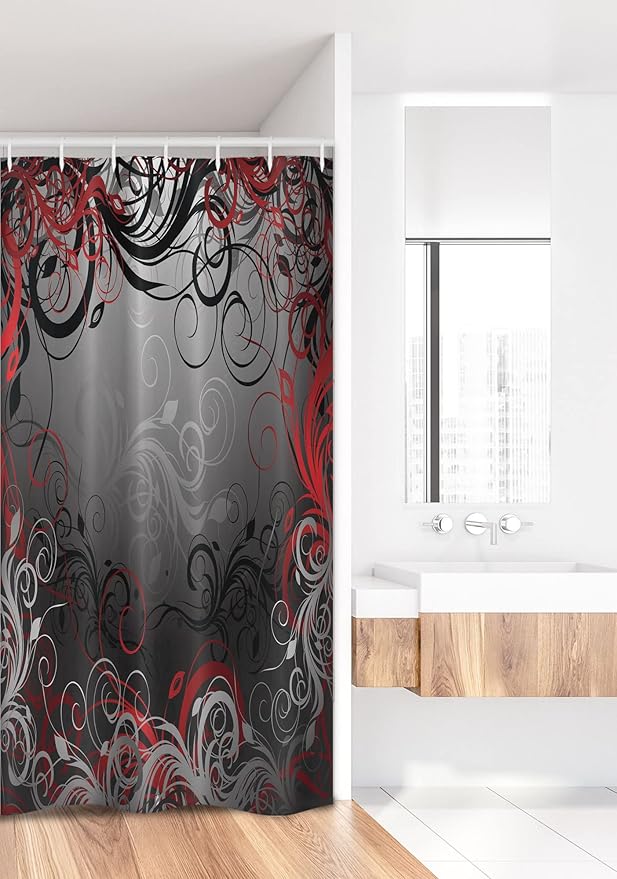 Ambesonne Abstract Stall Shower Curtain, Mystic Forest Floral Swirls Leaves Nature Fading Ombre Effect, Fabric Bathroom Decor Set with Hooks, 36" W x 72" L, Charcoal Ruby