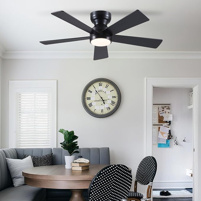 Black Ceiling Fans with Lights - 46" Flush Mount Ceiling Fan with Remote and 5 Reversible Blades, 3CCT Dimmable, 6 Wind Speeds&2H Timer, Indoor Low Profile Fan Light Fixture for Modern Bedroom