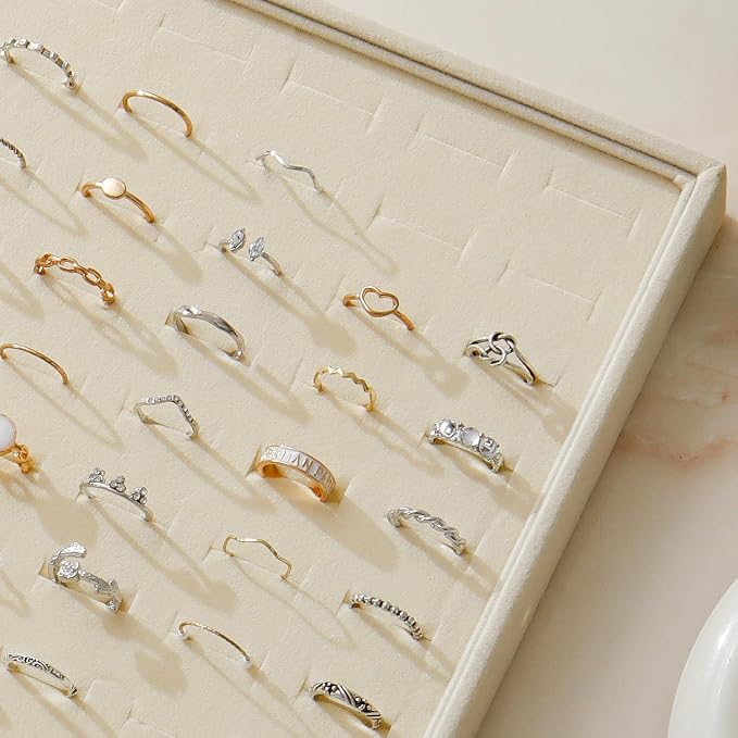 Large Velvet Jewelry Tray 2 Pack Stackable Jewelry Display Drawer Inserts Trays Organizer for Earring Bracelet Necklace Ring (Beige, Ring 81 Slots)