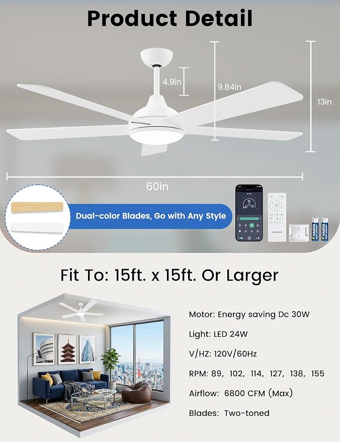 60 Inch Ceiling Fans with Lights and Remote/App Control: White Ceiling Fan with Light, Quiet Reversible DC Motor, Dimmable Tri-Color LED, Modern Ceiling Fan for Bedroom/Patio, Indoor/Outdoor