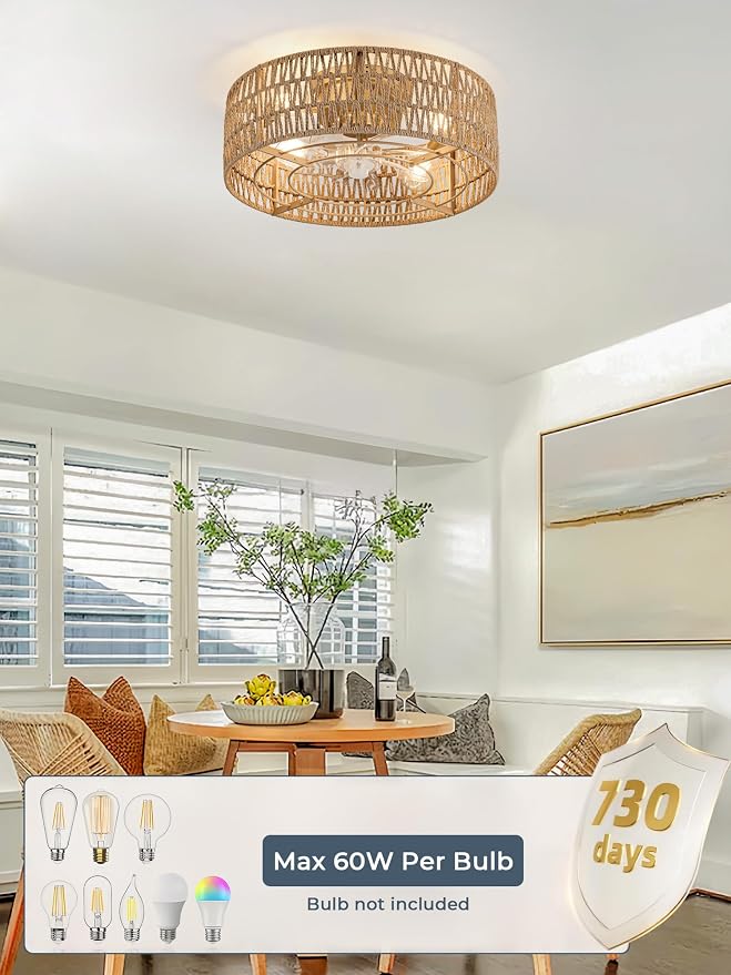 Boho Caged Ceiling Fans with Lights Flush Mount, Hand-Woven Rattan Ceiling Fans with Light and Remote Control, Enclosed Timing 6 Speeds Reversible for Living Room Bedroom Dining Room