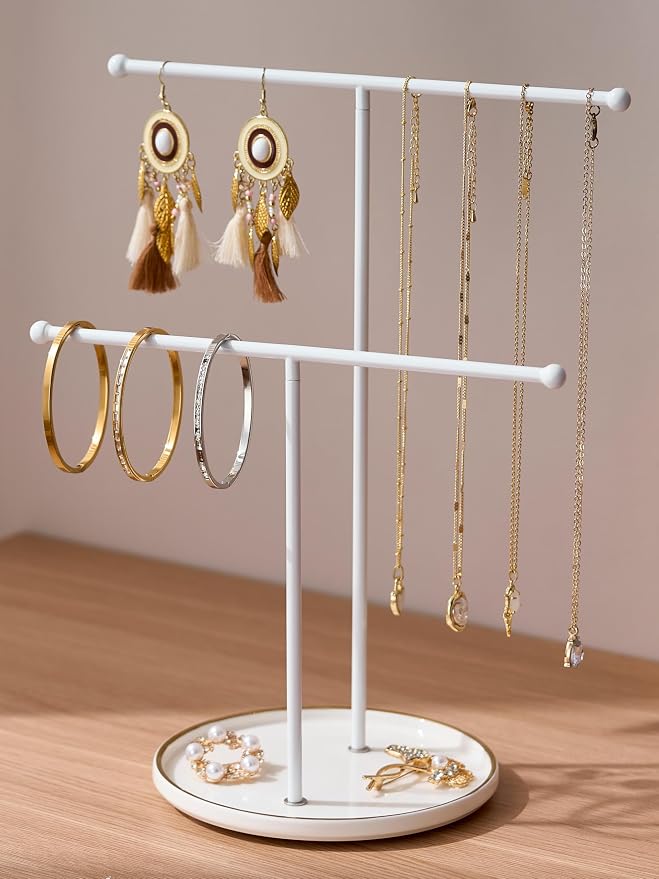 Jewelry Stand with Ceramic Tray, Necklace Holder, White Bar White Base | Ceramic Base, Gift for Women & Girls, Hanging Necklace Organizer Tree, Earrings, Bracelets, Rings, small