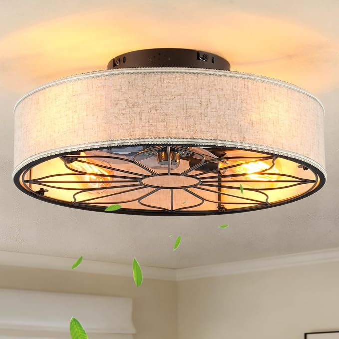 20" Flush Mount Caged Ceiling Fan With Light,Low Profile Fabric Farmhouse Bladeless Ceiling fan With Remote Control,Ceiling Fans with 6 Speeds Reversible Silent Fandalier for Bedroom