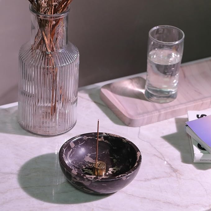 Koville Italian Natural Marble Incense Holder, 5inch Incense Holders for Sticks, Sturdy Incense Burner Ash Catcher, Ideal for Meditation, Relaxing, Easy to Clean(Nero Portoro)