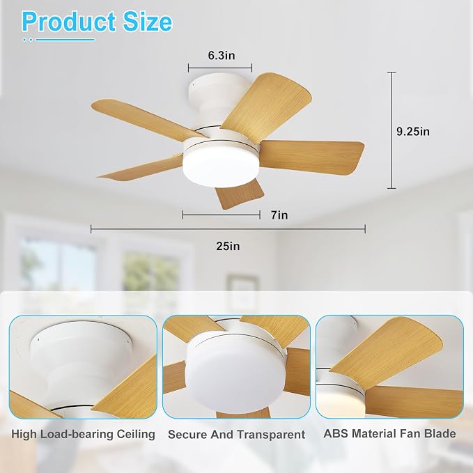 Depuley Modern Ceiling Fan with Light: 25-Inch White Small Fans for Bedroom Indoor Outdoor - Dimmable Low Profile Ceiling Fans with Remote Control Flush Mount 5 Reversible Wood Blades 6 Speeds Timer