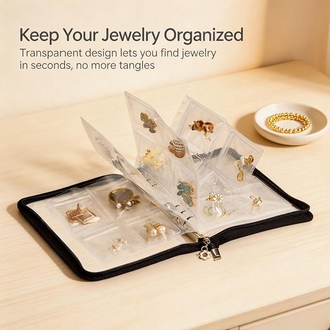 Earring Organizer Case Travel Jewelry Organizer Transparent Jewelry Storage Book for Necklace Bracelet Ring Holder with Small Clear Zippered Pouch