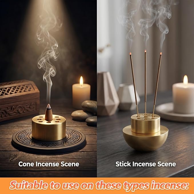4 Pack Incense Cone Holders, Brass Incense Holder, Burner Stick Holder with 9 Holes, Incenses Stand Base for Yoga Spa Room Home Office(Gold)