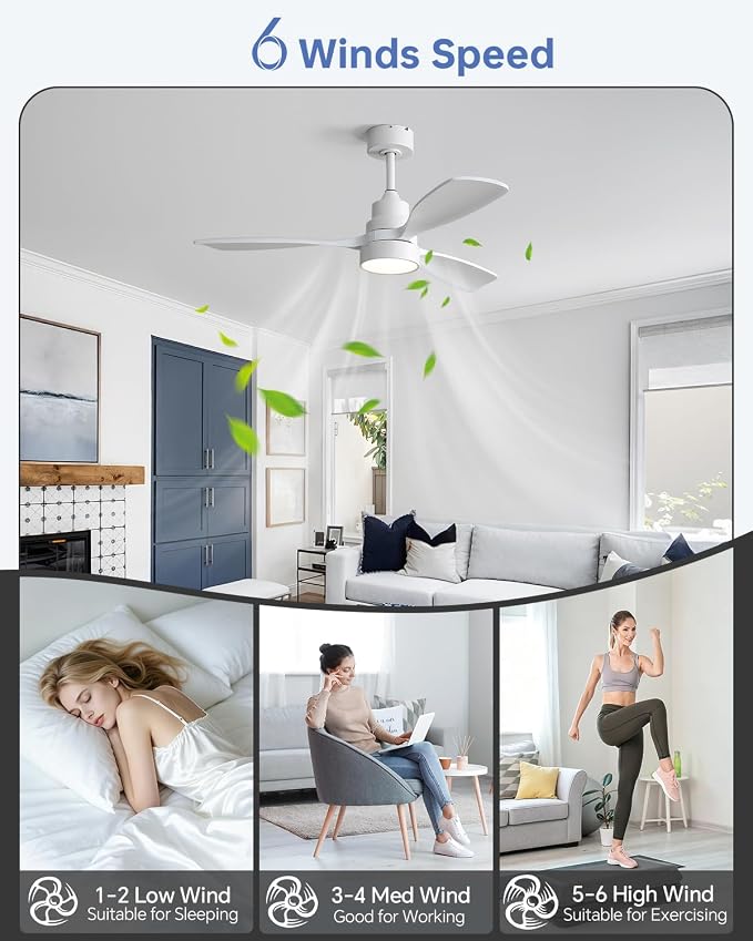 Sofucor 48 Inch Ceiling Fan with Lights and Remote Control, White | Flush&Downrod Mount, Solid Wood Blade,1/4/8 H Timer, 3CCT Dimmable 6 Speed, Quiet DC Motor, Outdoor Bedroom/Living Room/Patio