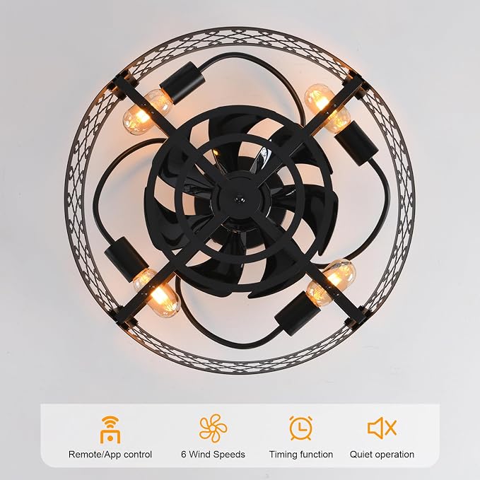 Garwarm 20in Caged Ceiling Fan with Light,Bladeless Black Fandelier Ceiling Fan with Remote,Industrial Farmhouse Flush Mount Ceiling Fans Light Fixtures for Kitchen,Bedroom,Living room（6 Speed,Timing）