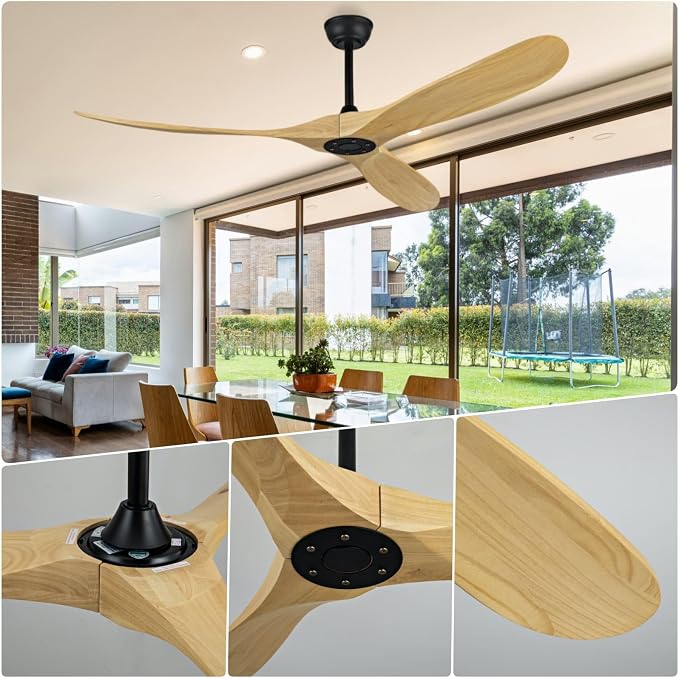 72 Inch Large Ceiling Fan, Reversible DC Motor Ceiling Fan Without Light, Can Set Time 1H/4H/8H, Suitable for Living Room, Dining Room, Office, Outdoor Terrace (Natural Wood, 72 inch)