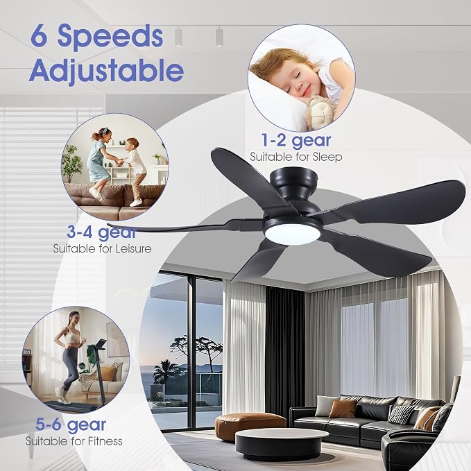 Kviflon 52 Inch Modern Ceiling Fans with Lights, Flush Mount Ceiling Fan with Light and Remote/APP Control, 5 Reversible 6 Speeds Curved Blades, 3 CCT Dimmable Lights for Bedroom, Black