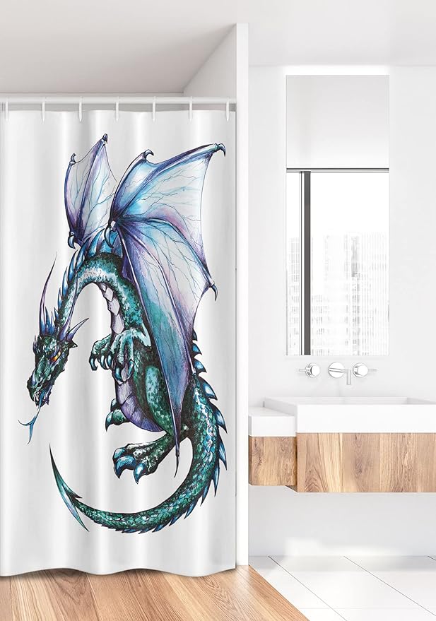 Ambesonne Dragon Stall Shower Curtain, Epic Beast Created Vibrant Gradient Colored Graphic Devil Image, Fabric Bathroom Decor Set with Hooks, 36" W x 72" L, Purple Teal