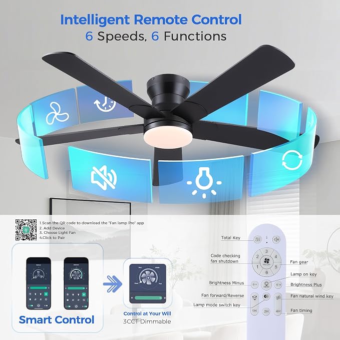 Ayaoty 52" Black Ceiling Fans with Lights- Flush Mount Fan Light with 5 Reversible Blades, 3CCT Dimmable, DC, Low Profile Ceiling Fan for Modern Indoor, Covered Outdoor
