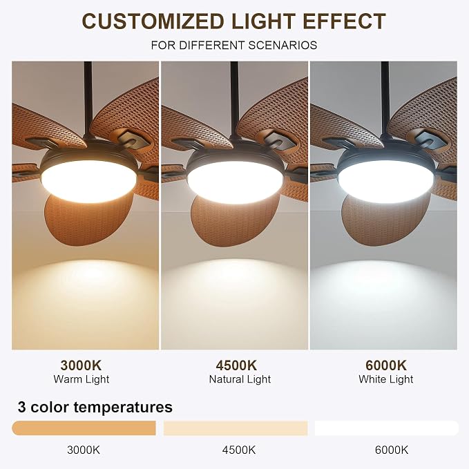 62" Large Brown Tropical Style Palm Leaf Ceiling Fans with Lights & Remote | Super Large Airflow with 6 Wind Speeds,Reversible,3 LED Light Colors,50W Quiet DC Motor,4H Timer,Suits for Living Room Patio