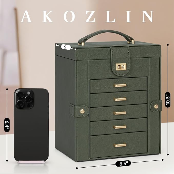 AKOZLIN 6-Tier Jewelry Box Organizer Functional 5 Drawers Leather Jewelry Storage Case for Women Girls Ring Necklace Earring Bracelet Holder Organizer with Mirror DrakGreen Regular