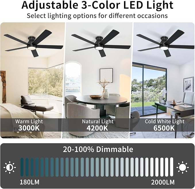 POCHFAN 60 Inch Black Ceiling Fans with Lights and Remote, LED Low Profile Flush Mount Ceiling Fan for Bedroom, Living Room, Quiet DC Motor, Dimmable 6 Speeds