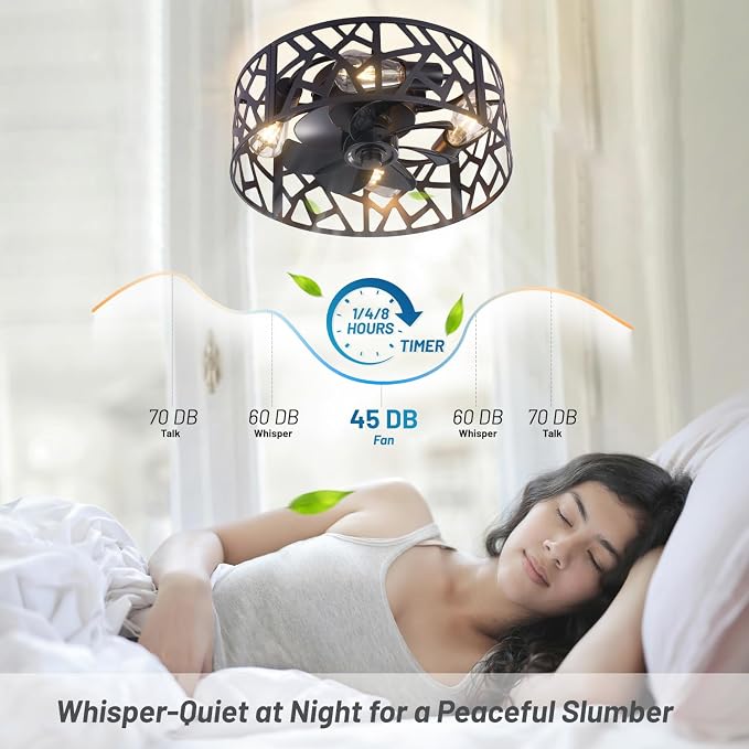 18 inch Caged Ceiling Fan with Light Vintage Black,Flush Mount Fandelier Ceiling Fan with Lights and Remote,Farmhouse Ceiling Fans for Bedroom, Kitchen, Living Room