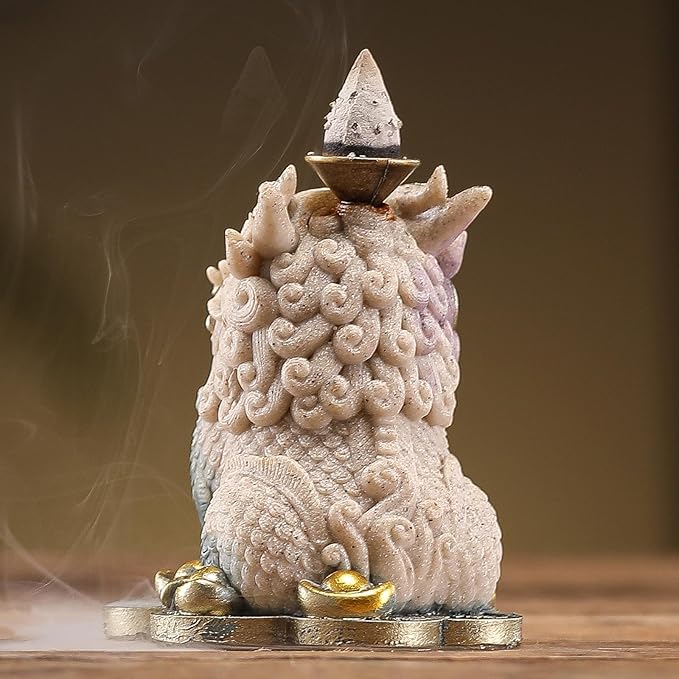 Backflow Incense Burner - Resin Tabletop Incense Holder for Cones, Fortune Dragon Statue Home Decor, Desktop Aromatherapy Ornament with Smoke Waterfall Effect for Living Room