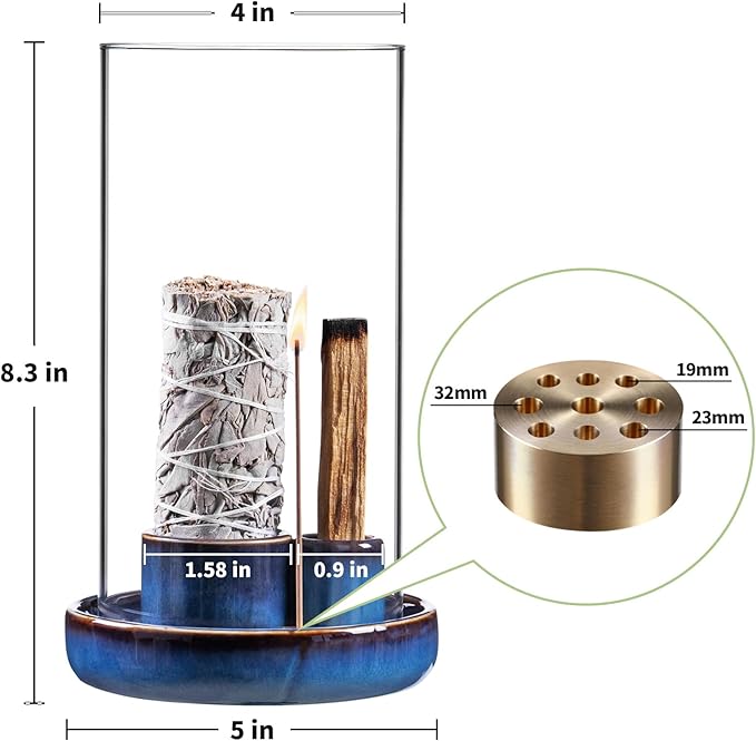 Incense Holder for Sticks with Glass Ash Catcher, Anti-Ash Flying, 4 in 1 Incense Burner Palo Santo Holder Insence-Stick Holder and Candle Holder for Burning Sage and Sticks for Burning