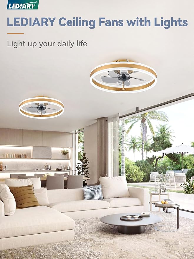 LEDIARY Low Profile Ceiling Fans with Lights, Flush Mount Modern Ceiling Fan and Remote Control, 19.7" LED Ceiling Fans, Stepless Dimmable 3 Colors and 6 Speeds - Gold