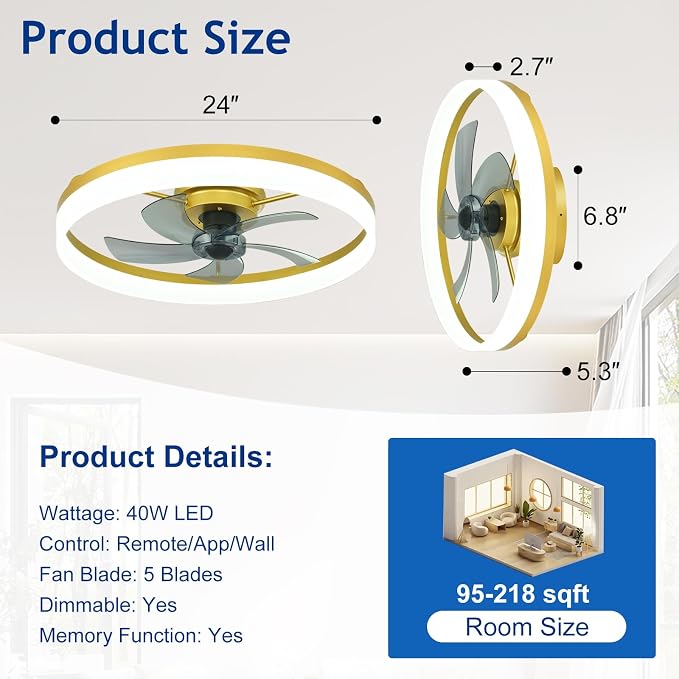 DLLT Bladeless Ceiling Fans with Lights: 24 Inch Modern Flush Mount Low Profile Ceiling Fan with APP Remote Control - Gold Enclosed LED Fandelier Dimmable Quiet DC Motor for Bedroom Living Room