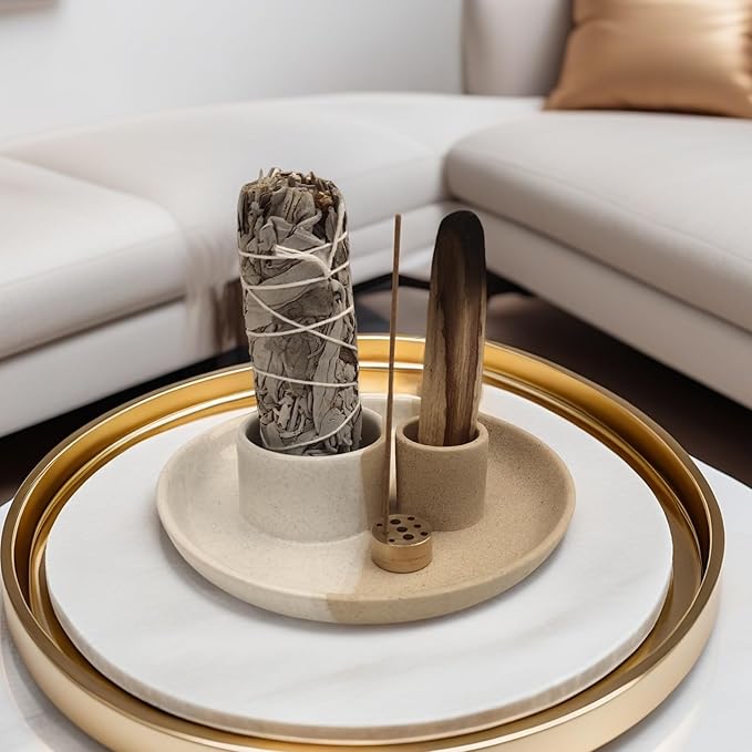 Sage Holder, White Sage Burner, Smudge Bowl, Palo Santo Holder, Incense Holder, Incense Holder Bundle, Sage Holder for Sage Bundle and Palo Santo (Sage Not Included) (White-Speckled)