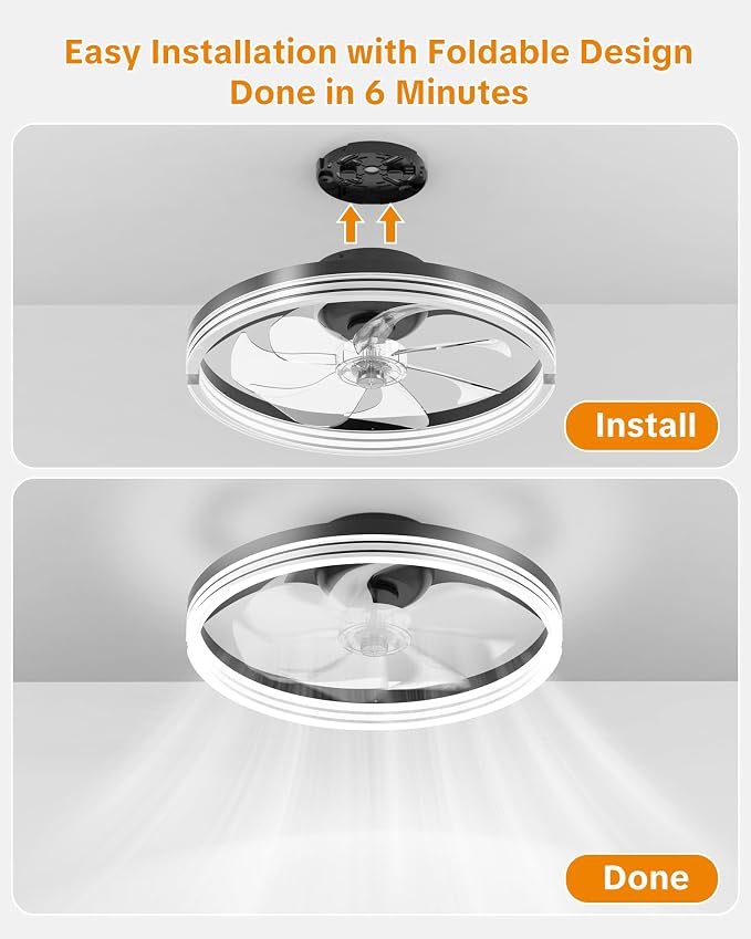 Ceiling Fans with Lights and Remote, Low Profile Ceiling Fan, Morden Flush Mount LED Fan Light, 3000K-6500K Dimmable for Bedroom, Kitchen, Living Room, Striped, Black