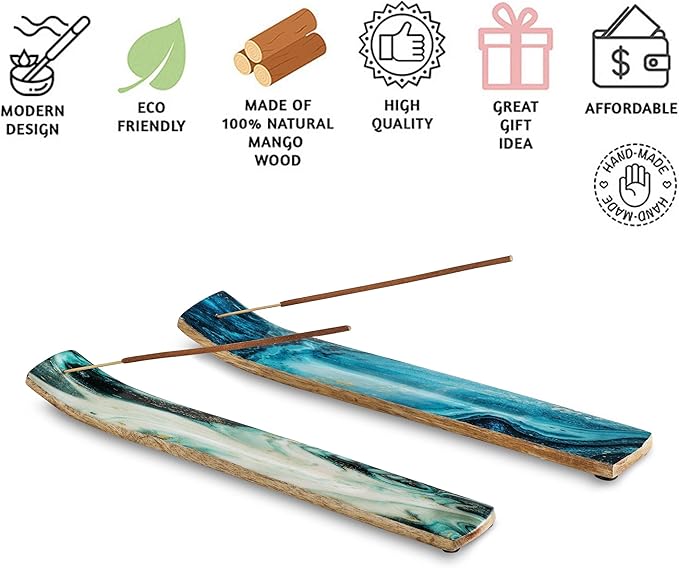 Folkulture Set of 2 Incense Holder or Incense Burner for Insence Sticks, Insence Burner Holder for Home Decor or Ash Catcher, Inscent Tray or Insense Stick Holders, Mango Wood, Blue and Green Agate