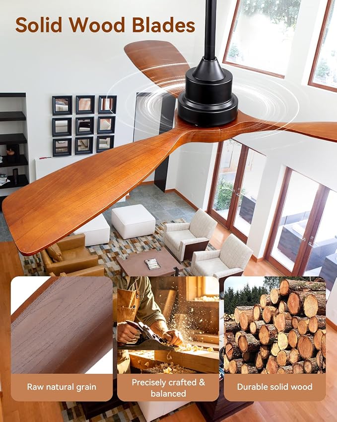 Sofucor 48 Inch Ceiling Fan No Light-Outdoor Ceiling Fans Without Lights, 3 Solid Wood Blades Quiet DC Motor, Modern Ceiling Fan with Remote Control for Indoor Bedroom/Living Room/Patios, Black&Walnut