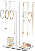 pickpiff Necklace Holder Jewelry Organizer Stand – 2‑Tier T‑Bar Jewelry Display Tree with Tray for Countertop Necklace Bracelet Earring Storage, Vanity Dresser Bathroom Sink, White