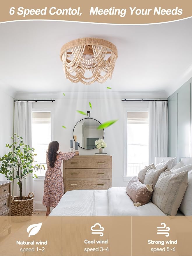 20" Boho Ceiling Fan with Light, Coastal Flush Mount Fandelier Ceiling Fans with Lights and Remote Control,Enclosed Beaded Caged with 6 Speeds for Bedroom Nursery Living Room