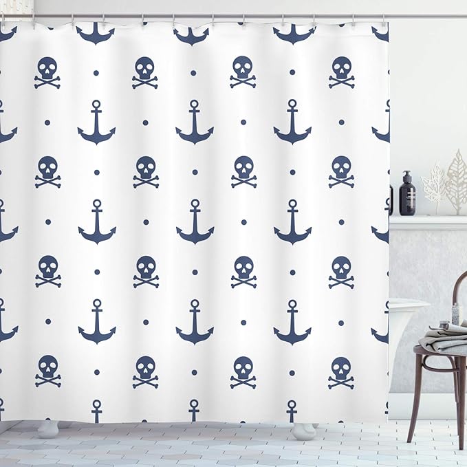 Ambesonne Marine Shower Curtain, Anchors and Skulls Crossed Bones Dots Pirate Horror Fear Seaman Illustration Art, Cloth Fabric Bathroom Decor Set with Hooks, 69" W x 70" L, Navy Blue