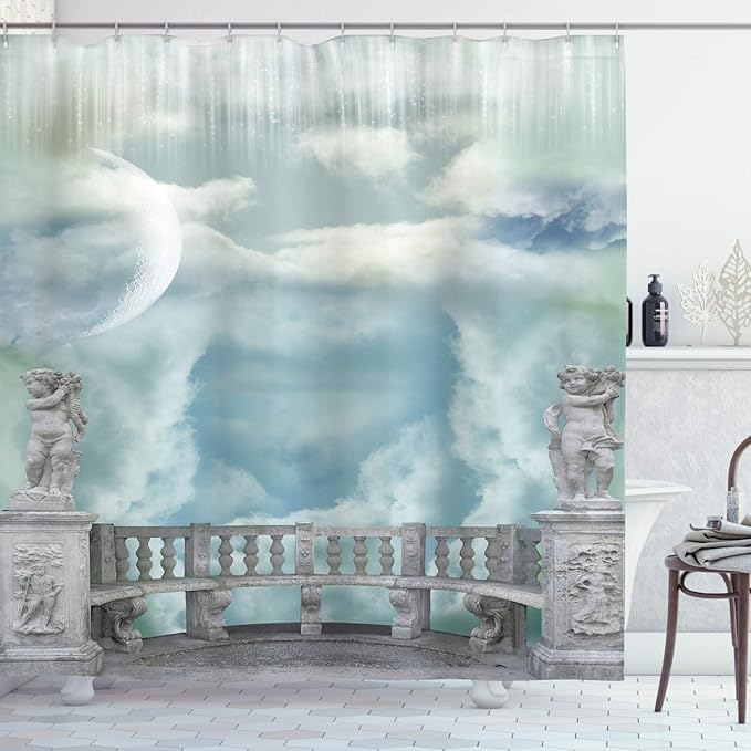 Ambesonne Mystic Shower Curtain, Balcony in The Sky with Angel Castle in Victorian Style Architecture, Cloth Fabric Bathroom Decor Set with Hooks, 69" W x 75" L, White Blue