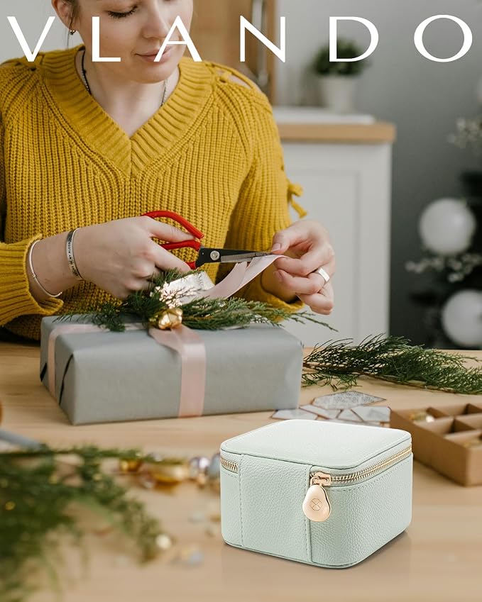 VLANDO Jewelry Box with 6 Velvet Jewelry Bags Travel Jewelry Case for Women Girl Premium Petal Hardware Jewelry Organizer Necklace Rings Earrings Bags Bride Teacher Mom Gifts-Mint Green