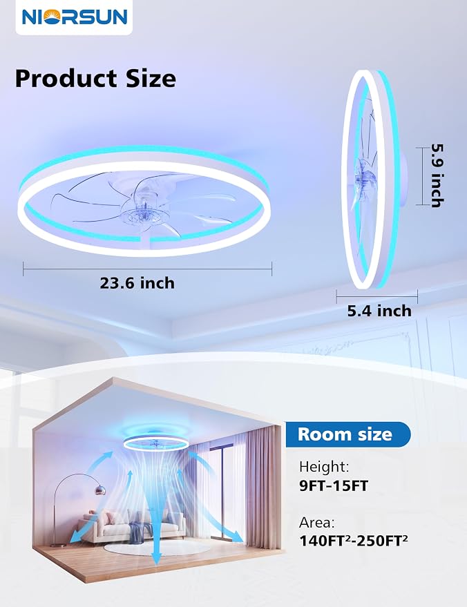 NIORSUN RGB Ceiling Fans with Lights and Remote, Modern Smart LED Ceiling Fans Light, 6 Speeds & 3000K-6500K Dimmable, Quiet Bladeless Fandelier Ceiling Fan with Light for Bedroom (24Inch,White)