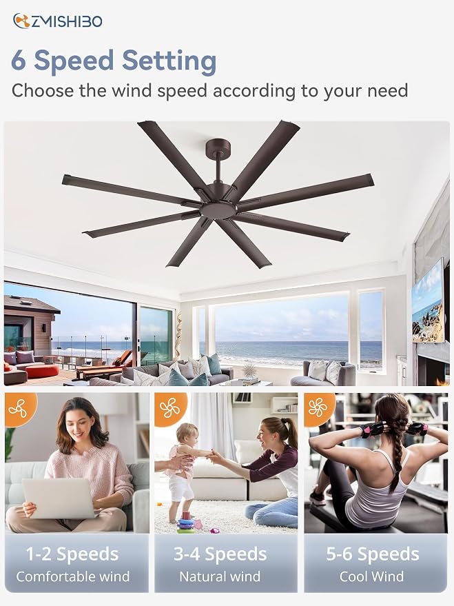 ZMISHIBO 72 Inch Ceiling Fan No Light, Large Ceiling Fan with Remote, Quiet DC Motor, and 6 Speeds, Indoor/Outdoor Industrial Ceiling Fans 8 Aluminum Blades for Patio, Garage, Shop,Oil-bronze