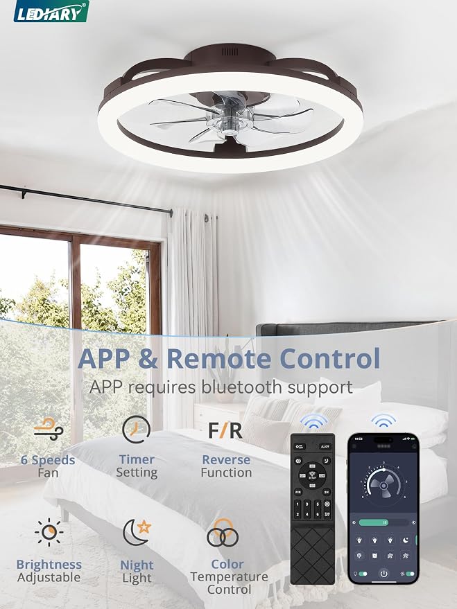 LEDIARY 20 Inch Low Profile Ceiling Fans with Lights and Remote, Dimmable Modern Fan Light(3000K-6000K), 6 Speed, Reversible, APP & Remote Control, Flush Mount Ceiling Fan for Bedroom, Brown