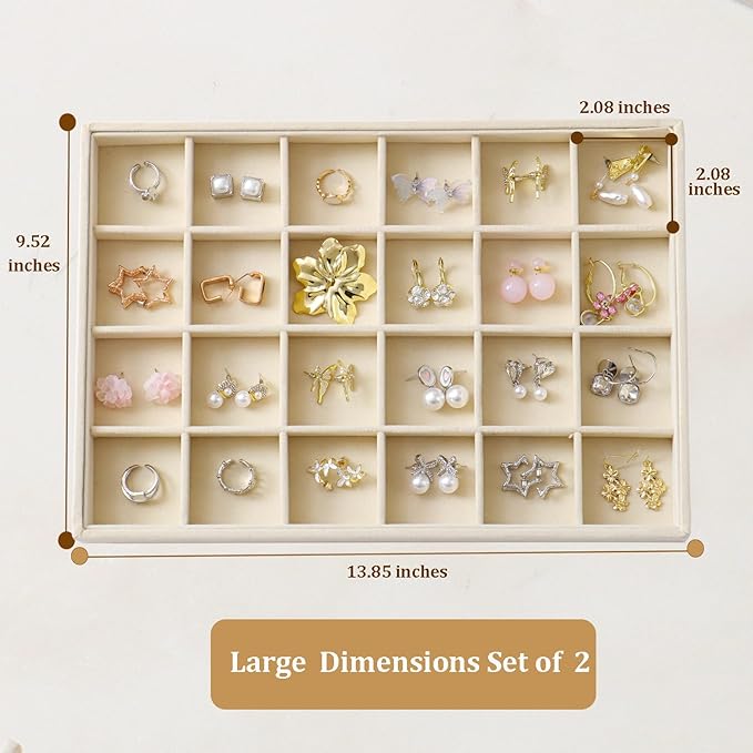 Large Velvet Jewelry Tray 2 Pack Stackable Jewelry Display Drawer Inserts Trays Organizer for Earring Bracelet Necklace Ring (Beige, 24 Grids)