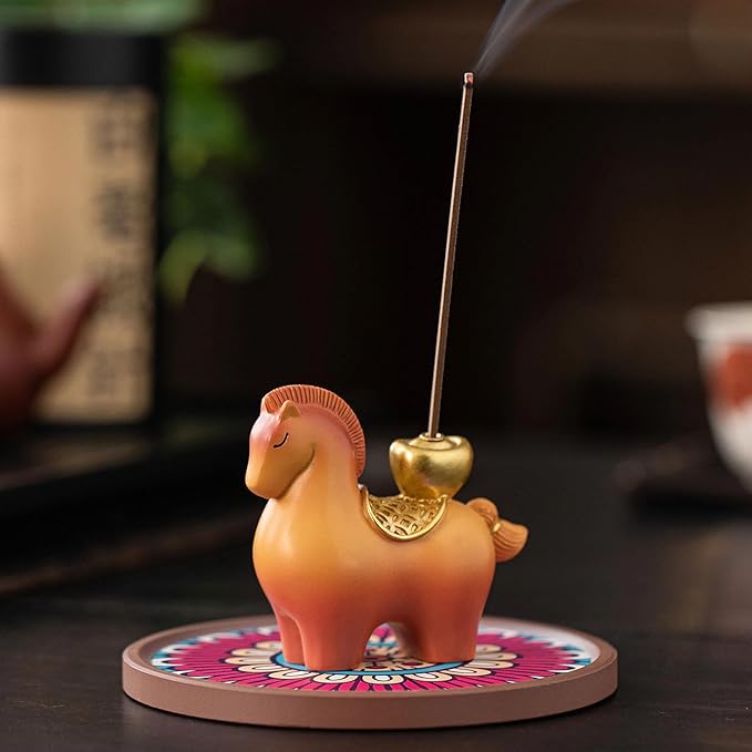 Horse Incense Holder for Sticks, Cute Horse Resin Incense Burner Holder with Ash Catcher, Incense Stick Holder for Aromatherapy,Yoga,Home Room Decor, Brown