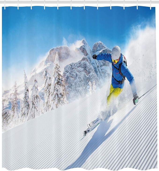 Ambesonne Winter Shower Curtain, Skier Skiing Downhill in High Mountains Extreme Winter Sports Hobby Activity, Cloth Fabric Bathroom Decor Set with Hooks, 69" W x 70" L, Blue White
