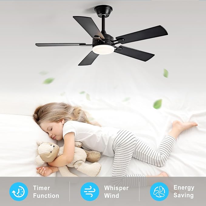 Depuley 42-inch Ceiling Fan with Light: Black Ceiling Fan for Living Room Indoor Outdoor - Modern Ceiling Fan with Remote Control 3CCT Dimmable Noiseless 5 Reversible Walnut Blades 6 Speeds Timer