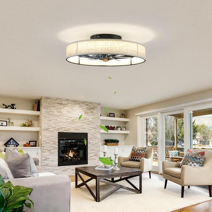 19.6" Low Profile Caged Ceiling Fan with Light and Remote,Flush Mount Smart Fandelier, 6 Speed Settings, Adjustable 3000K-6500K LED, Bladeless Fabric Design, Modern Farmhouse Ceiling Fans for Bedroom
