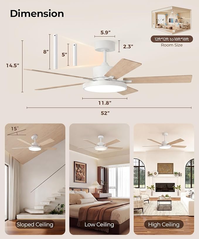Smart Ceiling Fan with Light,RGBCW 52" Low Profile Ceiling Fan with Light and Remote,Alexa/Google/App Control,Reversible DC Motor,Dimmable,2500lm,Quiet Fan for Bedroom,Living Room White