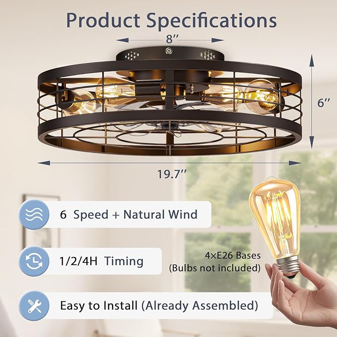 VOLISUN Caged Ceiling Fan with Light and Remote,19.7 inch Fandelier Ceiling Fan with Light Flush Mount, Farmhouse Bladeless Ceiling Fans with Lights for Kitchen,Bedroom