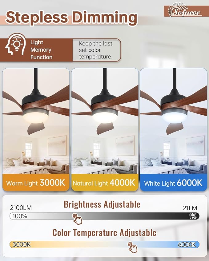 Sofucor 42" Smart Ceiling Fan, Indoor/Outdoor Ceiling Fans with Lights and Remote, Compatible with Alexa/Google/App, 3-Color Light 6-Speed Timing Reversible DC Motor for Bedroom Living Room Patio