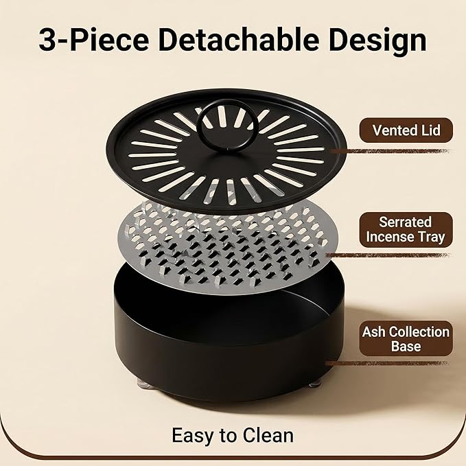 3 Pcs Large Carbon Steel Mosquito Coil Holder with Heat-Resistant Handle, Charcoal Black Iron Incense Burner for Indoor & Outdoor, Patio, Garden, Camping