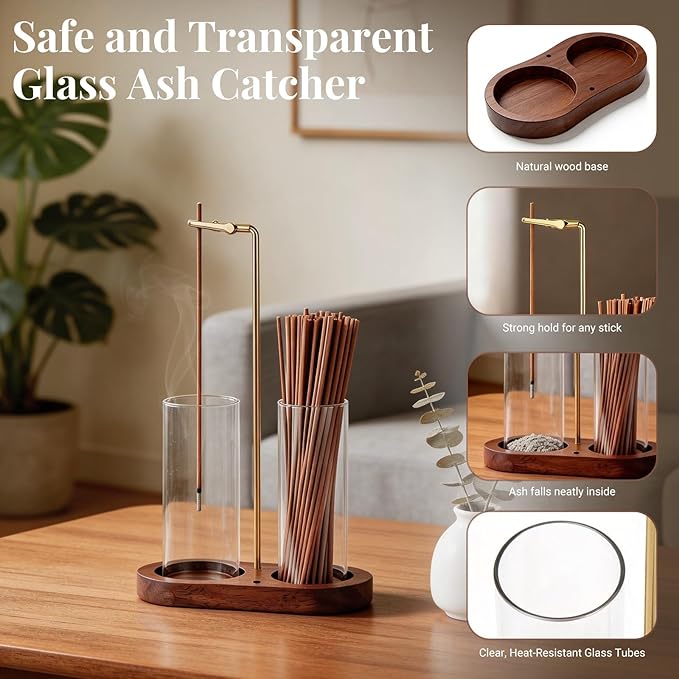 Glass Incense Holder, 2 in 1 Hanging Incense Burner Holder with Ash Catcher & Storage | Cute Boho Decor for Meditation, Yoga, Spa | Stick Incense Holder, Censer, Incense Tray Alternative (Walnut)