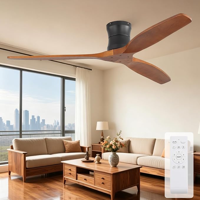 Sofucor 52" Solid Wood Ceiling Fan No Light, Low Profile Flush Mount Ceiling Fan with Remote, Outdoor Modern Ceiling Fan 6-Speed Timing Reversible DC Motor Noiseless for Living Room Bedroom Patio
