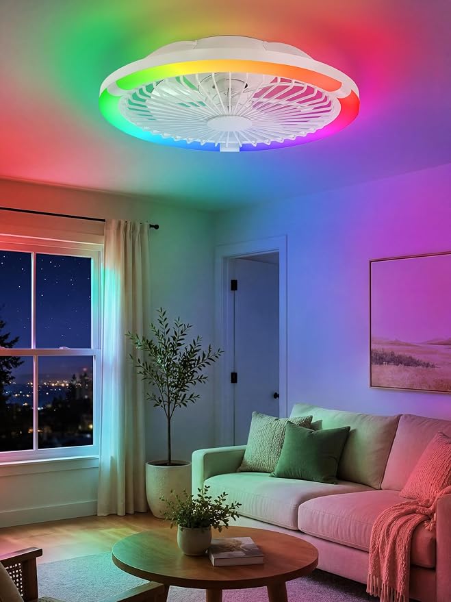LEDIARY 20" Bladeless Ceiling Fan with Light,Low Profile LED Ceiling Fans with Remote & Smart APP Control, Modern Enclosed Flush Mount Fandelier, 3000-6000K,Bedroom,Kids Room-White RGB
